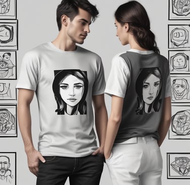 A clothing store display featuring neatly folded sweatshirts and t-shirts on wooden shelves, along with a range of hanging garments such as hoodies and shirts. The foreground shows a table with neatly folded pants and an empty wooden hanger.