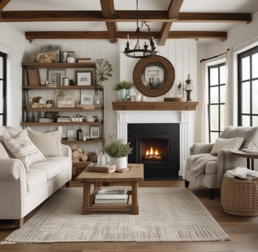 a farmhouse-inspired living room with a fireplace and a fireplace