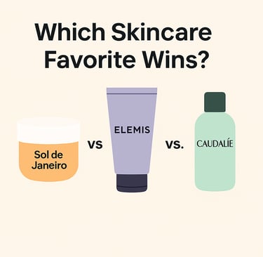 Minimalist thumbnail on a light beige background featuring three illustrated skincare products: a ye