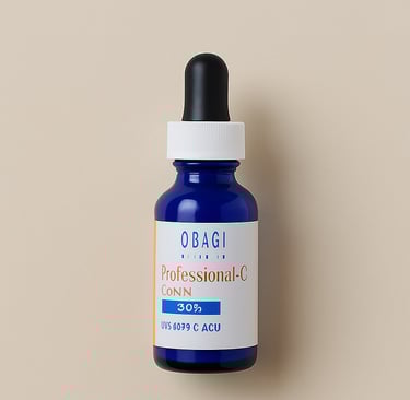 Cobalt blue bottle of Obagi Professional-C Serum 30% with a white label, orange and blue text, and a