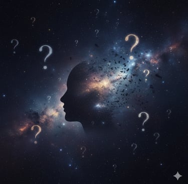 Sleep mystery: a human head silhouette merging with a cosmic background, question marks, profound enigma