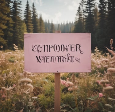 A pink wooden sign with empowering calligraphy stands in a meadow surrounded by tall pine trees and wildflowers.