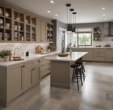 a kitchen with a large island and a bar stool