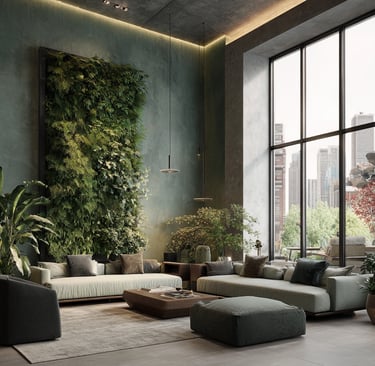 a living room with a couch and a green wall