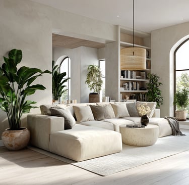 a living room with a couch, plants and a large window