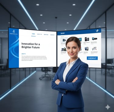 Wanita di depan layar yang menampilkan situs web perusahaan dan e-commerce.