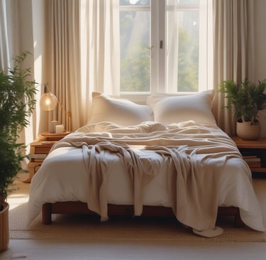 Non-toxic budget-friendly bedroom with cotton bedding, warm lighting, natural wood decor, and clean