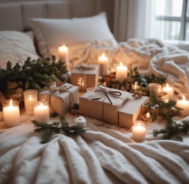 Non-toxic holiday gifts styled on a bed with candles and evergreen branches — cozy, festive, Clean A