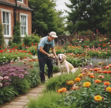 gardener with dog deadheading flower