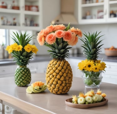 displays of flowers and pineapple flowers on kitchen table