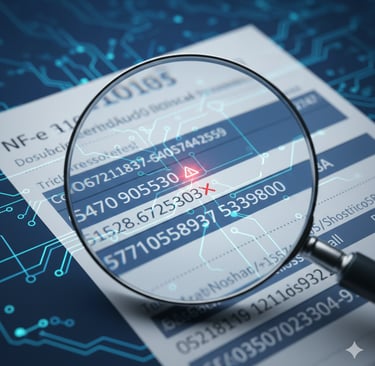 Uma lupa sobre uma nota fiscal.