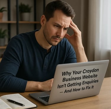 Man looking at a laptop showing a website enquiries problem