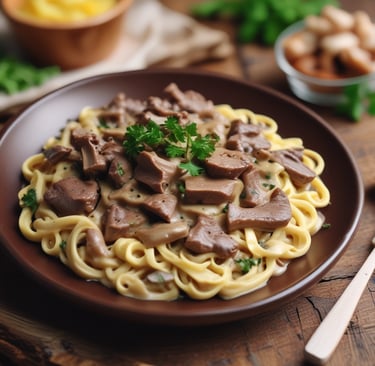 a plate of pasta with mushrooms and mushrooms