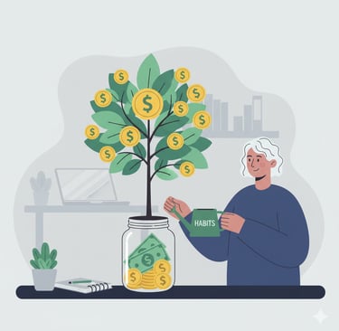 An illustration of a person watering a small money tree that is growing out of a savings jar. The ba