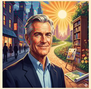 A person of retirement age, smiling and looking out at a vibrant landscape, symbolizing freedom and
