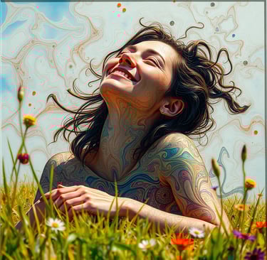 femme couchée dans l'herbe joyeuse