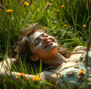 femme couchée dans l'herbe, heureuse