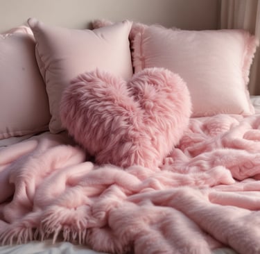 A cozy bedroom corner decorated with lace curtains, faux leaves, and soft baby pink bedding.