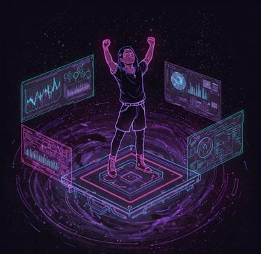 Imagen futurista de alguien con los brazos en alto celebrando un gran acierto.