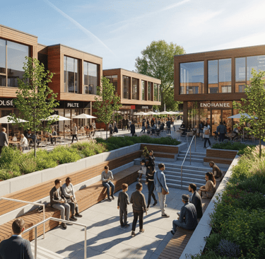 These spaces can include sport fields, fitness stations, and art installations.