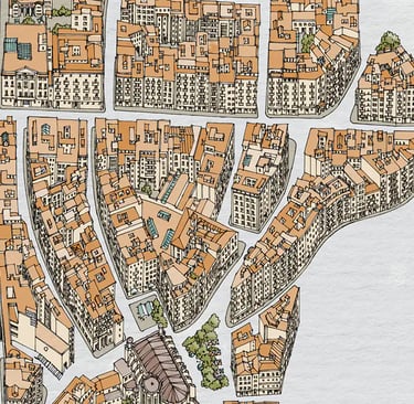 Artistic city map of Barcelona combining hand-drawn and digital layers