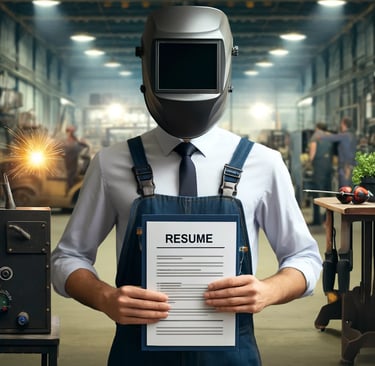 a man in a welding helmet is holding a resume and applying for a job