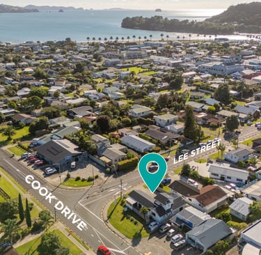 Birds eye view Whitianga - Cook Drive & Lee Street