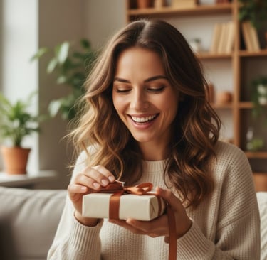 een volwassen vrouw die een cadeautje krijgt