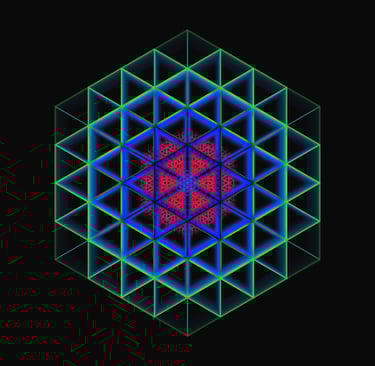 a colorful geometrical design with a red and green background