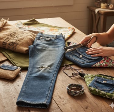 un jean, du tissu, des sacs banane sur une table, la couturiere va découper le tissu 