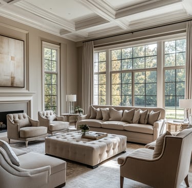 a living room with a couch and accent chairs