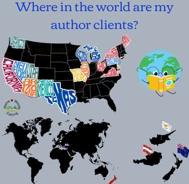 "Where in the world are my author clients" shows a US map and a world map