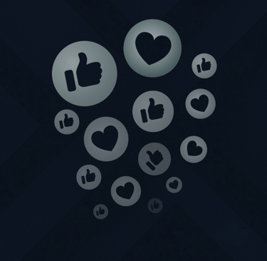 Minimal icons of thumbs up and hearts in circles, symbolizing social media engagement.