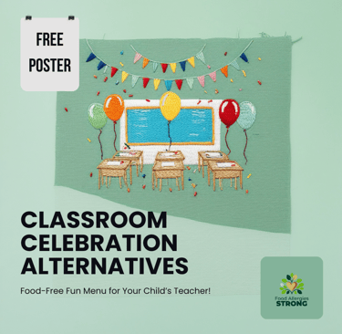 Free classroom celebration alternatives poster for teachers with colorful party decorations and bunt