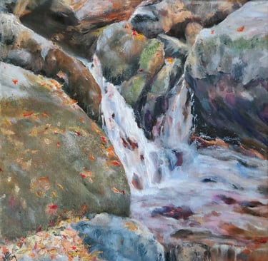 a painting of a waterfall in autumn