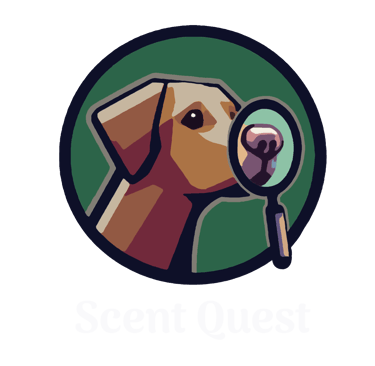 logo for scent quest showing a brown dog with a magnifying glass on it's nose