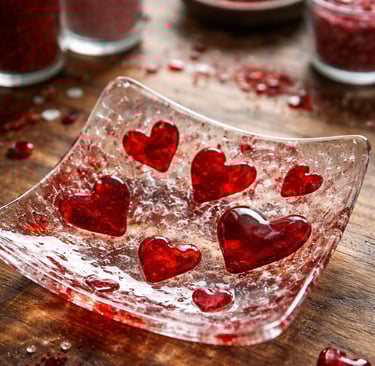 Fused glass dish with red hearts