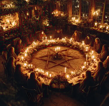cercle de femmes assise autour d'une table ronde célèbrent le sabbat de yule et le retour du soleil