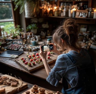 a woman taking a photo of a dessert