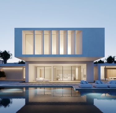 3D rendering of modern villa with minimalist architecture, large windows, clean lines, evening lighting, and sleek design.