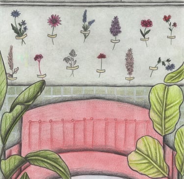 Hand-drawn illustration of a floral cafe with plants, flowers and cozy furniture