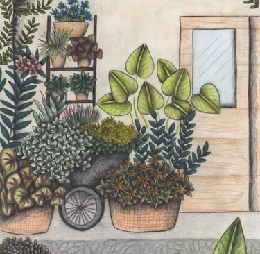 Hand-drawn illustration of a patio full of potted plants