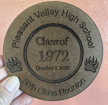 laser cut and engraved wooden class reunion token