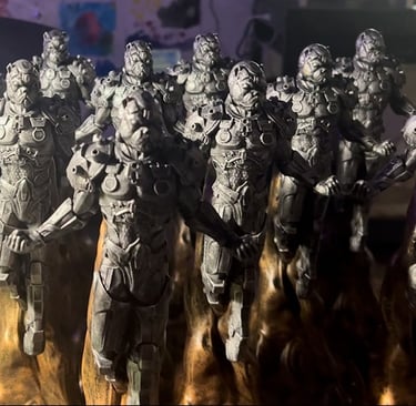 a group of custom cyborg bully trophies for a Bully show