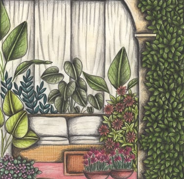 Hand-drawn illustration of a patio full of potted plants
