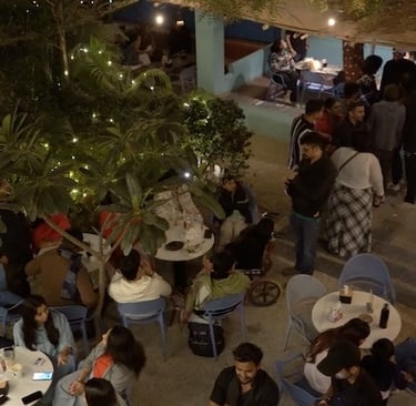 Smiling staff serving guests in a cozy, greenery-filled outdoor cafe