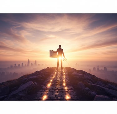 Um homem em pé em uma colina com um mapa e uma bússola.