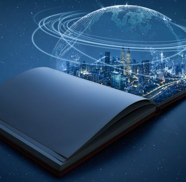a book opened to show a cityscape with a planet in the background