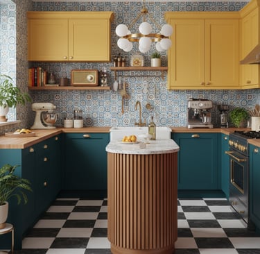 Cocina moderna retro a medida y azulejos, isla en acabado mármol
