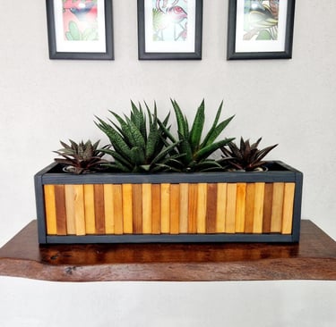 planter with cacti and succulent made from reclaimed wood in mosaic shapes